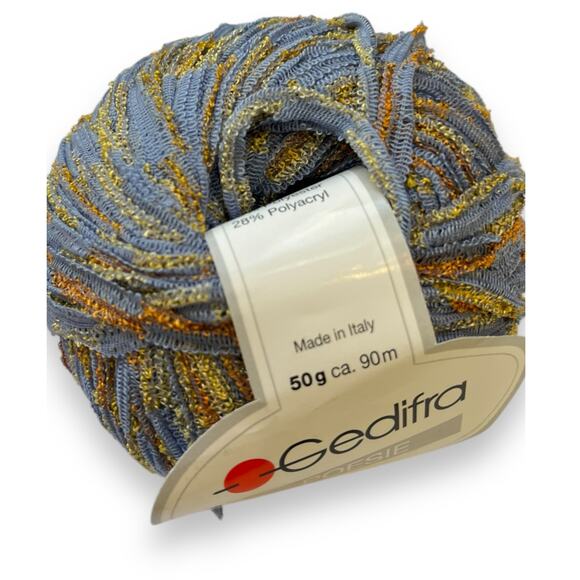 1 Ball Gedifra POESIE Bulky Ribbon Yarn | 2062 Blue-Gray Gold - Picture 2 of 6
